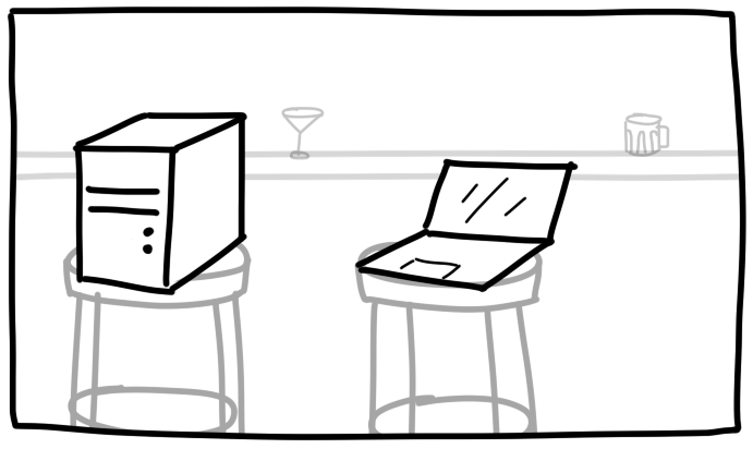 illustration of a desktop computer and laptop sitting at a pub
